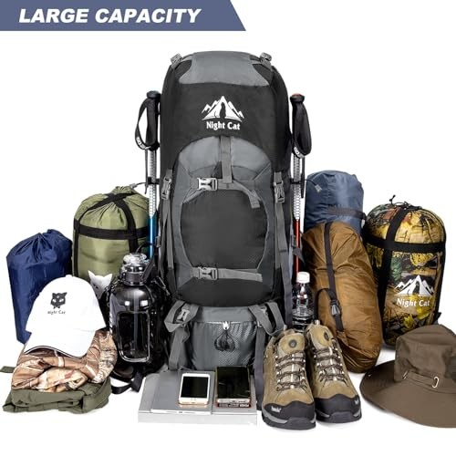 Night Cat 70L Hiking Backpack Rucksack, Black, with Rain Cover-5