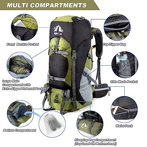Night Cat 90L Hiking Backpack Rucksack, Army Green, with Rain Cover-3