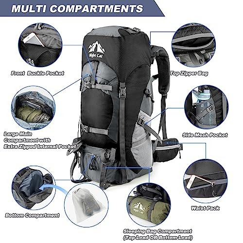 Night Cat 90L Hiking Backpack Rucksack, Black, with Rain Cover-3