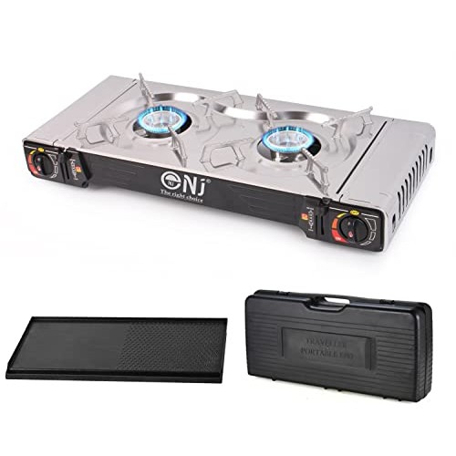 NJ The right choice SG-2 Camping Gas Stove, Double Burner Butane Cooker with Auto Ignition, Stainless Steel and Carry Case
