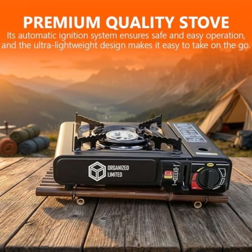 ORGANIZED Portable Single Burner Camping Stove with 4 Butane Gas Canisters, Automatic Ignition, Heat Control, Black-4