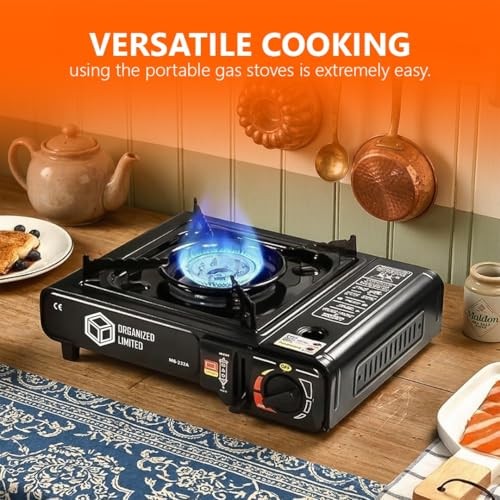 ORGANIZED Portable Single Burner Camping Stove with 4 Butane Gas Canisters, Automatic Ignition, Heat Control, Black-6