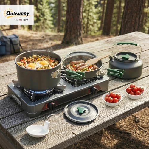 Outsunny Ultralight Aluminium Camping Cookware Set for 2 to 3 People, Pot, Pan and Kettle, Grey-1