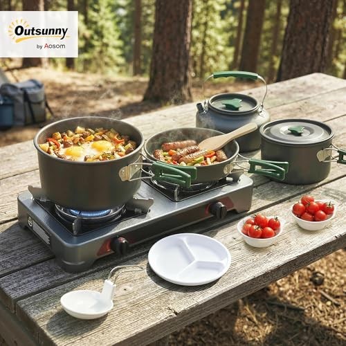 Outsunny Camping Cookware Set for 4-5 People, Lightweight Aluminium Cooking Kit with Anti-Scald Handles, Grey-1