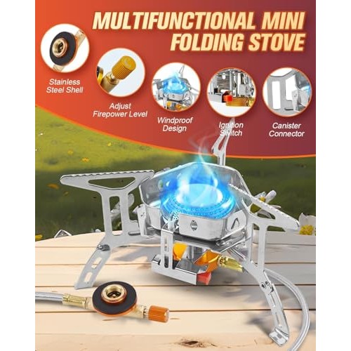 Coyonce 3 Heads Silver Portable Camping Gas Stove Burner, Windproof 3500W with Piezo Ignition, Adapters, Converters and Storage Box-2