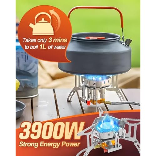 Coyonce 3 Heads Silver Portable Camping Gas Stove Burner, Windproof 3500W with Piezo Ignition, Adapters, Converters and Storage Box-3