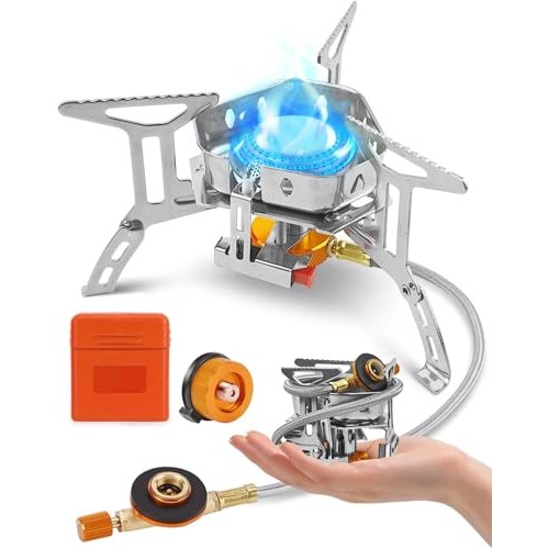 Coyonce 3 Heads Silver Portable Camping Gas Stove Burner, Windproof 3500W with Piezo Ignition, Adapters, Converters and Storage Box