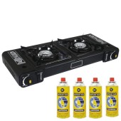 BARGAINS-GALORE Portable Double Gas Cooker Stove with 4 Butane Gas Bottles, Black Grill