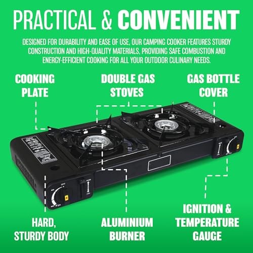 BARGAINS-GALORE Portable Double Gas Cooker Stove with 4 Butane Gas Bottles, Black Grill-3