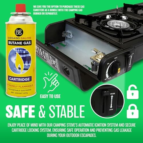 BARGAINS-GALORE Portable Double Gas Cooker Stove with 4 Butane Gas Bottles, Black Grill-5