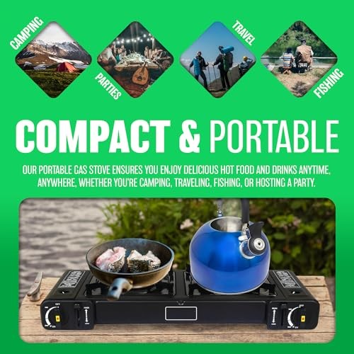BARGAINS-GALORE Portable Double Gas Cooker Stove with 8 Butane Gas Bottles, Black Grill-2