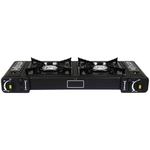BARGAINS-GALORE Portable Double Gas Cooker Stove with 8 Butane Gas Bottles, Black Grill-8