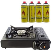 OptiProducts Portable Gas Camping Stove with Carry Case, Automatic Ignition and Heat Control, 4 Burner