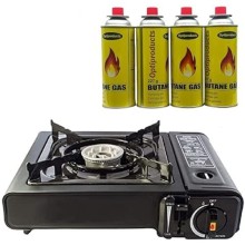 OptiProducts Portable Gas Camping Stove with Carry Case, Automatic Ignition and Heat Control, 4 Burner