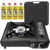 BARGAINS-GALORE Portable Gas Camp Stove with 4 Butane Canisters, Black, with Carry Case