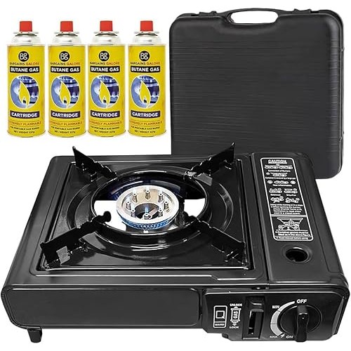 BARGAINS-GALORE Portable Gas Camp Stove with 4 Butane Canisters, Black, with Carry Case