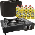 BARGAINS-GALORE Portable Gas Cooker Camp Stove with 8 Butane Gas Canisters, Black, Carry Case