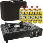 BARGAINS-GALORE Portable Gas Cooker Camp Stove with 8 Butane Gas Canisters, Black, Carry Case