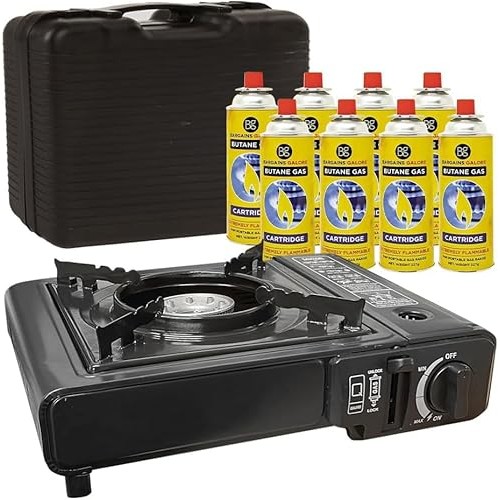 BARGAINS-GALORE Portable Gas Cooker Camp Stove with 8 Butane Gas Canisters, Black, Carry Case
