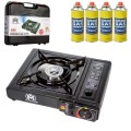 MASTER BRAND Portable Gas Cooker Stove with Butane Canisters and Carry Case, Lightweight Camping Stove, Automatic Ignition, Pack of 4
