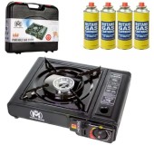 MASTER BRAND Portable Gas Cooker Stove with Butane Canisters and Carry Case, Lightweight Camping Stove, Automatic Ignition, Pack of 4