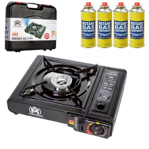MASTER BRAND Portable Gas Cooker Stove with Butane Canisters and Carry Case, Lightweight Camping Stove, Automatic Ignition, Pack of 4