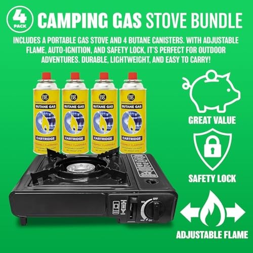 BARGAINS-GALORE Portable Gas Cooker Stove with 4 Butane Gas Bottles, Black with Case-3