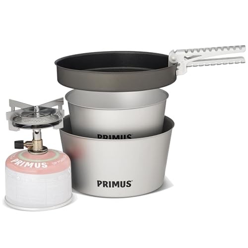 Primus Mimer Kit II camping cooking set with gas stove, 2 pots, frying pan and pot gripper