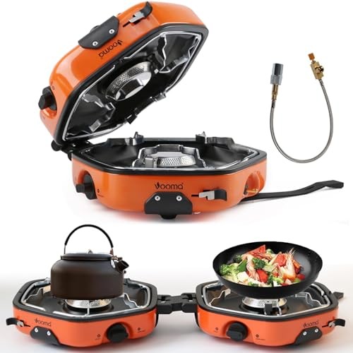QSMYUYE 2 Burner Foldable Camping Gas Stove, Orange Black