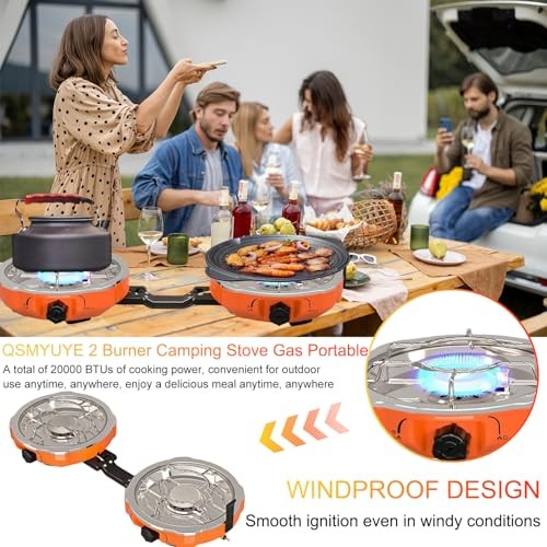 QSMYUYE 2-Burner Foldable Camping Gas Stove, Orange Silver-4
