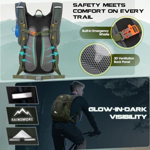 RAINSMORE Army Green 18L Hydration Backpack with 2L Bladder and Rain Cover-6