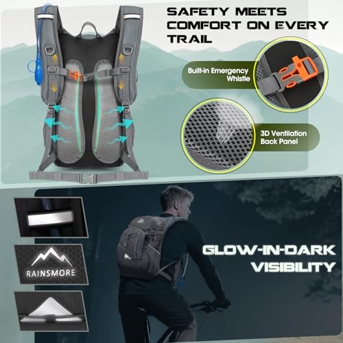 RAINSMORE Grey 18L Hydration Backpack with 2L Bladder and Rain Cover-6