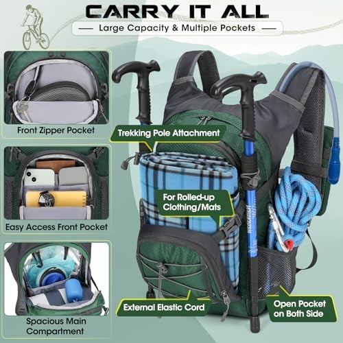 RAINSMORE 18L Hydration Backpack with 2L Bladder and Rain Cover, Dark Green-1
