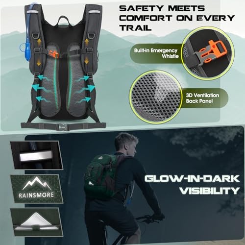 RAINSMORE 18L Hydration Backpack with 2L Bladder and Rain Cover, Dark Green-6
