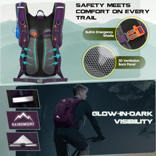 RAINSMORE Purple 18L Hydration Backpack with 2L Bladder and Rain Cover-6