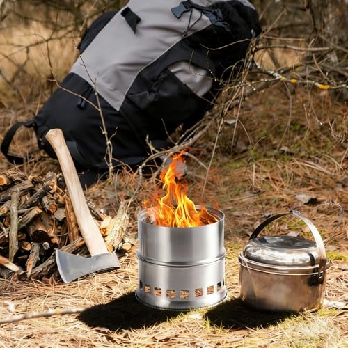 REDCAMP Stainless Steel Wood Burning Camping Stove with Grill, Mesh Bag, Silver-circle-1