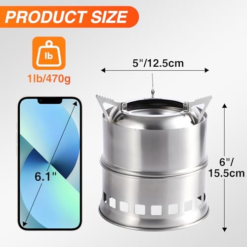 REDCAMP Stainless Steel Wood Burning Camping Stove with Grill, Mesh Bag, Silver-circle-2