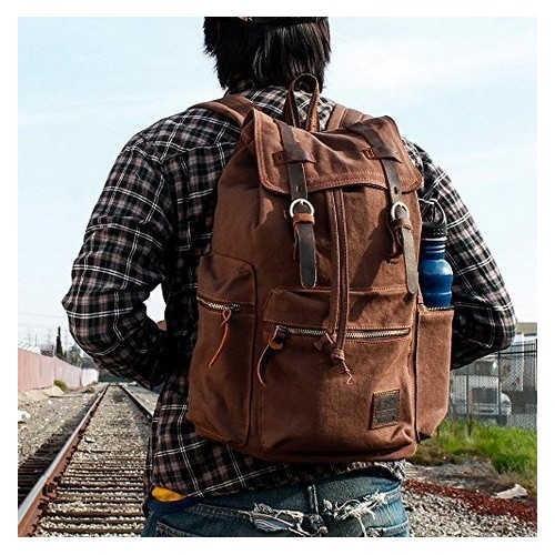 Gunolye Vintage Canvas and Leather Rucksack Backpack, Coffe-5