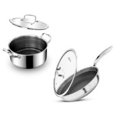 INTIGNIS Family Set Stainless Steel Cookware Pan Set, Non-Stick GREBLON Ceramic, Removable Stay-Cool Handle