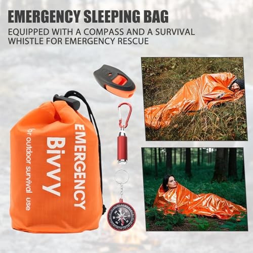 LINXINS Emergency Bivvy Bag Set with Compass, Whistle and Flashlight Carabiner-1