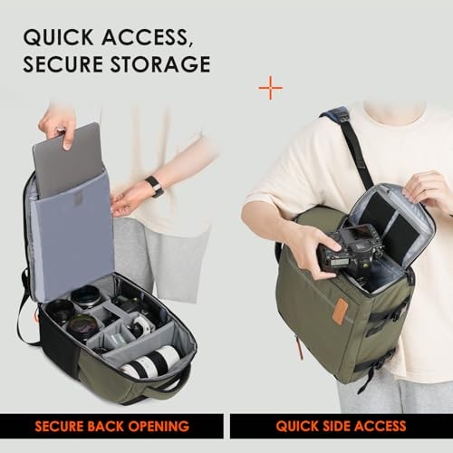 TARION 15L Waterproof Camera Backpack, Green, with 15.6 inch Laptop Compartment, Side Access and Tripod Holder-3