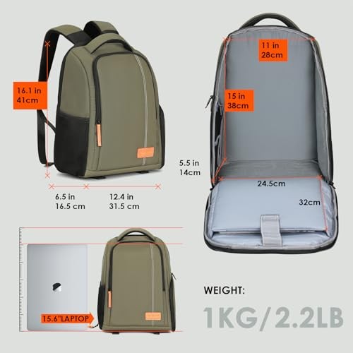 TARION 15L Waterproof Camera Backpack, Green, with 15.6 inch Laptop Compartment, Side Access and Tripod Holder-5