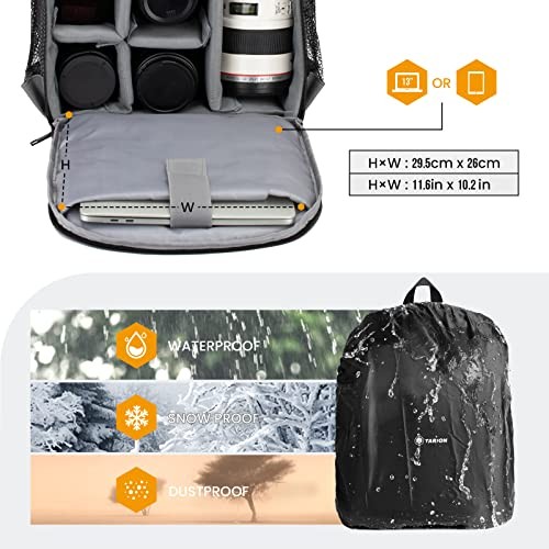 TARION Small Camera Backpack Bag, Black, S, with Waterproof Rain Cover and Laptop Compartment-4