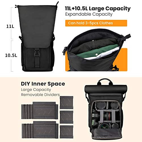 TARION SP-01 Black Camera Backpack with Roll Top, Removable Laptop Sleeve and Rain Cover-2