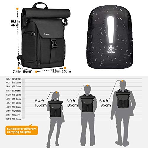 TARION SP-01 Black Camera Backpack with Roll Top, Removable Laptop Sleeve and Rain Cover-4
