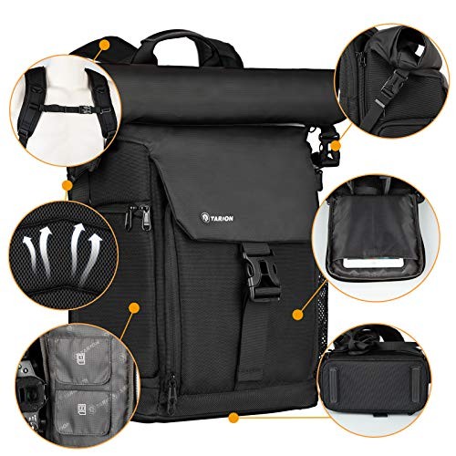 TARION SP-01 Black Camera Backpack with Roll Top, Removable Laptop Sleeve and Rain Cover-5