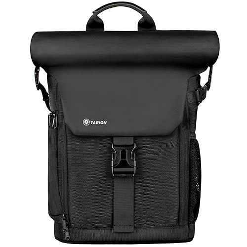 TARION SP-01 Black Camera Backpack with Roll Top, Removable Laptop Sleeve and Rain Cover