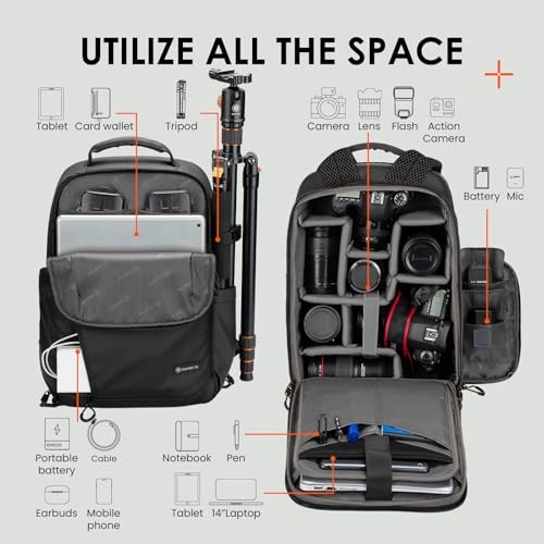 TARION TR-L Black Waterproof Camera Backpack with 14-inch Laptop Compartment and Rain Cover-2