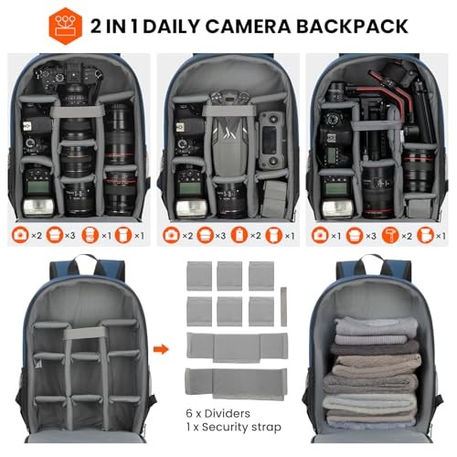TARION Camera Backpack with Laptop Compartment, Tripod Holder and Rain Cover, Blue, S-2