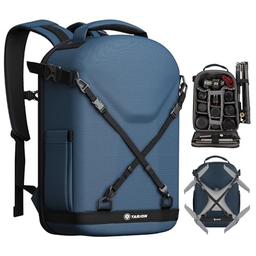 TARION Hard Case Camera Backpack, Blue, with Rain Cover, Laptop and Tripod Compartment